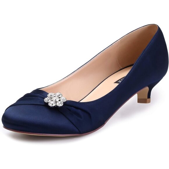 Shoes - 🆕Women's Navy Closed Toe Comfort Kitten Heels Rhinestones Satin Wedding